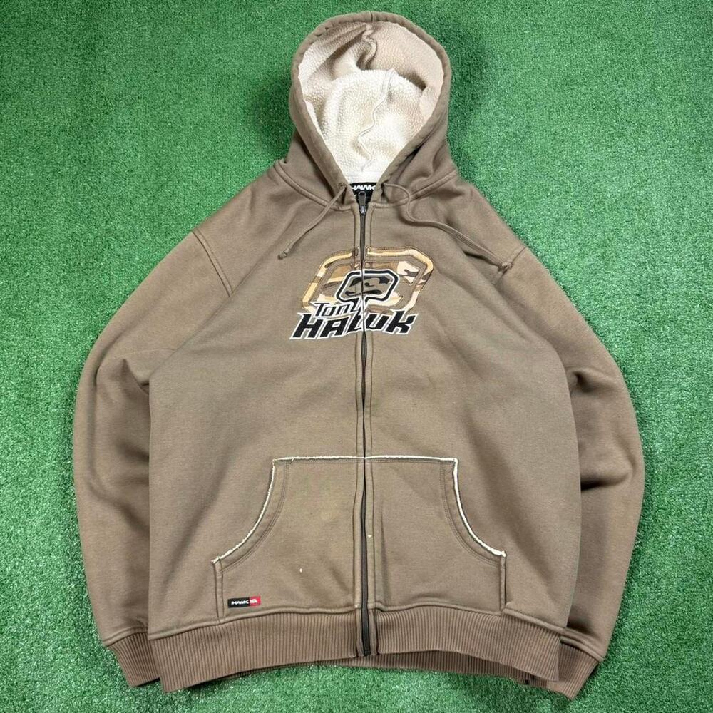 Y2K Tony Hawk Zip Up Hoodie Mens XL Brown Sherpa Lined Skater Style Streetwear